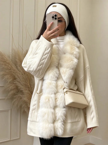 Women Cable Knit Cardigan Faux Fur Collar Open Front Long Sleeve Side Pockets Loose All-match Coat Autumn Winter Chic Coats