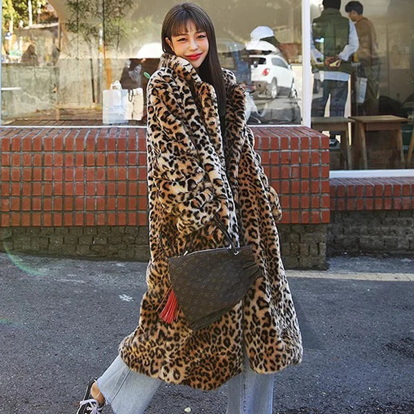 Europe America Women's Leopard Fur Coat Longer Casual Loose Fur Overcoat Large Size Warm Windbreake Plush Coat