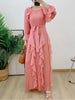 Ruffles Pleated Dress Women Round Neck Flare Sleeves Solid Maxi Belt Dresses Party Spring 2AA1502