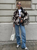 Women Cow Print Tassel Short Coat Casual Long Sleeve Lapel V-neck Single Breasted Jacket Lady Spring Autumn Outwear