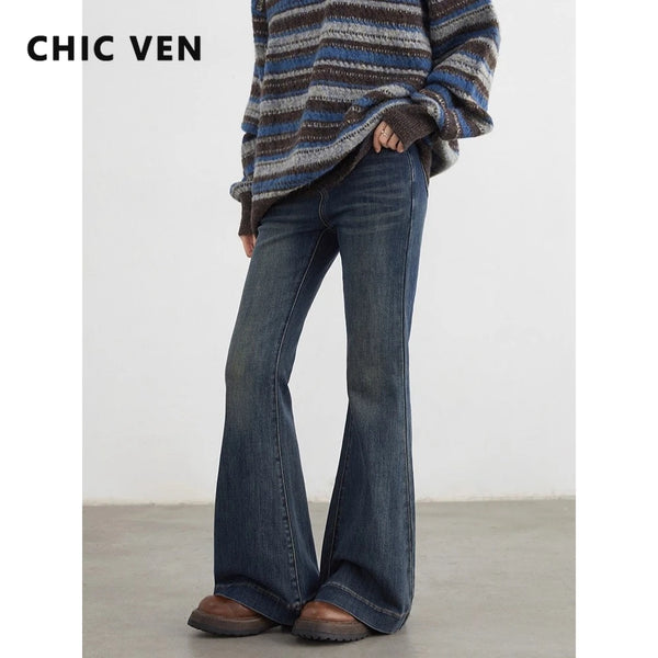 Women Jeans High Waisted Slightly Flared Slim Female Denim Pants Blue Ladies Trousers Autumn Winter
