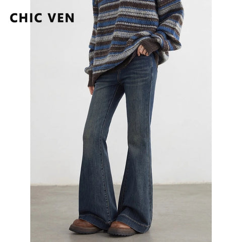 Women Jeans High Waisted Slightly Flared Slim Female Denim Pants Blue Ladies Trousers Autumn Winter