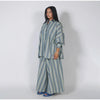 Striped Long Pants Set Color Block Turn Down Collar Three Quarter Sleeve Shirt Wide Leg Bottoms Casual Chic Women Outfits