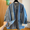European and American Style Lace-embroidered Casual Denim Coat for Women Spring and Autumn Loose V-neck Coats