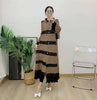 Lace Patchwork Pleated Dress For Women Lapel Long Flare Sleeves Color Block Elegant Party Clothing 32A431