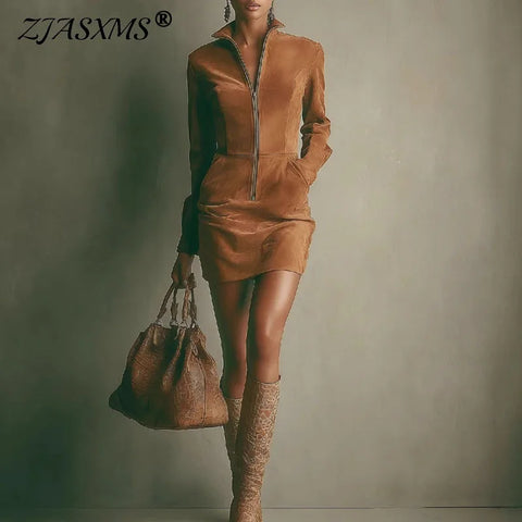 Western Retro Solid Imitation Suede Short Dresses Woman Sexy Zipper Lapel Slim Party Dress Autumn Long Sleeve Pockets Mini Dress
