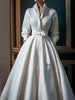 Women Elegant Shirt Dress Long Sleeve Stand Collar White Minimalist A-Line Pleated Wedding Guest Long Dresses with Blet
