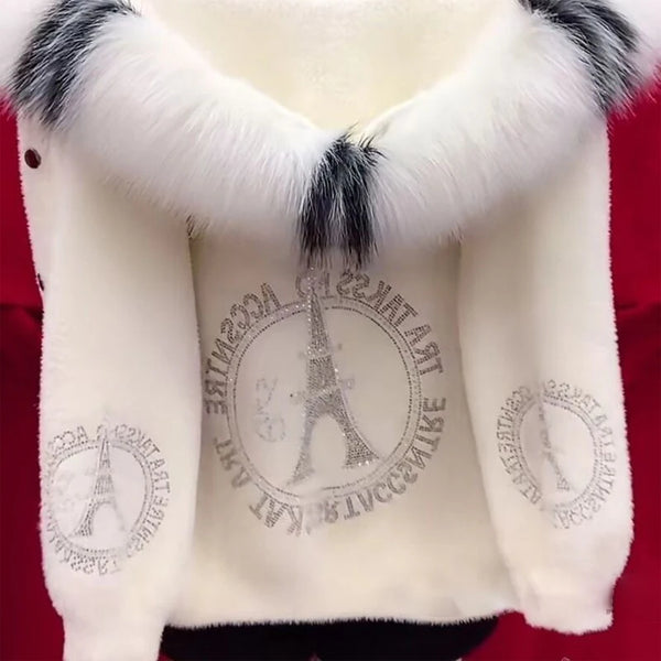 Autumn And Winter Warm Solid Color Thick Hooded Imitation Mink Fur Coat With Rhinestone And Fur Collar Women's Top Cardigan