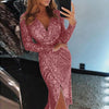 Dresses For Women Plus Size Deep V Sequins Wrap Ruched Long Sleeve Nightclub Dress Vestidos Para Mujer
