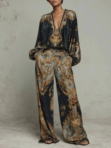 Retro Pattern Printed 2 Pieces Set for Woman Sexy Deep V Neck Top Blouses Elegant Outfit Spring Fall Wide Leg Trousers Suit