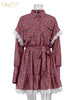Loose Print Women Dress Elegant Lace-Up Long Sleeve Office Mini Dresses Casual Lace Spliced Pleated Female Dress
