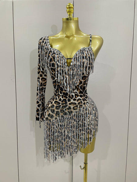 Sparkle Diamond Tassel One Shoulder Leopard Print Stretch Mini Dress Women Birthday Party Sexy Nightclub Stage Costume