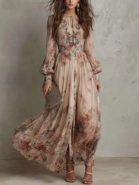 Elegant Long Sleeve Chiffon Long Dresses For Women Floral Print Slim Party Maxi Dress Casual
