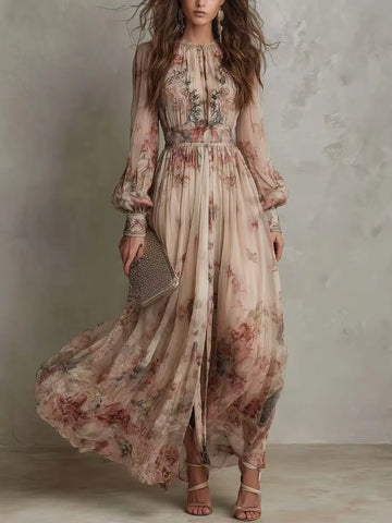 Elegant Long Sleeve Chiffon Long Dresses For Women Floral Print Slim Party Maxi Dress Casual