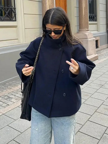 Autumn Women Stand Collar Woolen Jacket Single Breasted Long Sleeve Female Coat Chic Street Office Short Outerwears