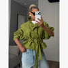 Green Oversized Belt Overcoat Women Elegant Long Sleeve Pleated Lapel Lace Up Windbreaker Autumn Lady Daily Street Outerwears