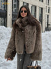 Brown Faux Fur Thicken Coat Women Lapel Long Sleeve Warm Winter Jacket Lady Chic Snap Button High Street Elegant Outerwear