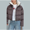 Solid Hooded Cropped Puffer Jacket Women Stand Collar Snap Button Loose Long Sleeve Jackets Winter Casual Warm Padded Coat