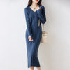 Women Pure Wool Sweater Dresses Long Sleeve Purllover 100% Merino Wool V-neck Knitwear Spring Autumn Grace Striped Dresses