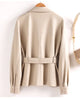 Women Split Leather Blazer With Slim Waist Belt Spring Autumn Notched Collar Loose Leather Jacket Female Coat