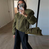 Double Zip Rib Collar Women Cropped Jacket Long Sleeve Side Pockets Loose Oversized Solid Autumn Coats Daily Chic Jackets