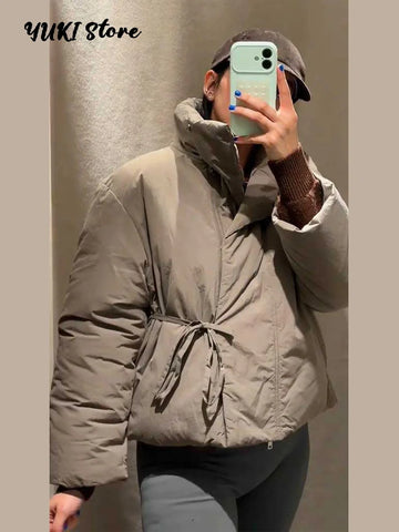 Casual Solid Lace Up Cotton Jacket Women Stand Collar Long Sleeve Pocket Warm Thick Jackets Autumn Winter Lady Outerwear