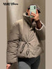 Casual Solid Lace Up Cotton Jacket Women Stand Collar Long Sleeve Pocket Warm Thick Jackets Autumn Winter Lady Outerwear