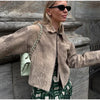 Vintage Tie-dye Suede Women Jacket Long Sleeve Lapel Zipper Slim Female Short Jackets Spring Pocket Lady Outwear