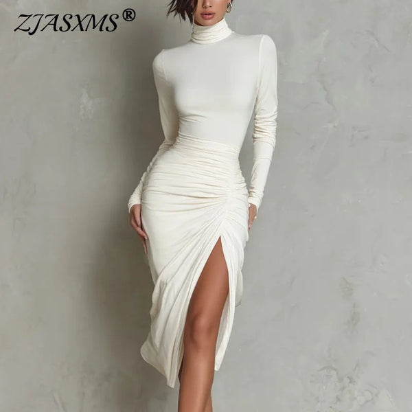 Elegant Turtleneck Ruched Bodycon Long Dress Woman Sexy High Waist Split Evening Dresses Spring Fall Long Sleeve Slim Boho Dress