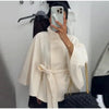Chic Solid Woolen Cropped Cloak Coats With Belt Women Autumn Stand Collar Long Sleeve Jacket Elegant Street Outerwear