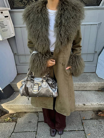 Elegant Solid Faux Fur Spliced Coat Women Lapel Long Sleeve Tassel Plush Outerwear Fall Winter Warm Streetwear