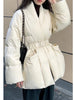 Lagabogy Winter Belt Waist-Tight Elegant Warm 90% White Duck Down Jacket Female Long Sleeve Solid Color V-neck Puffer Coat