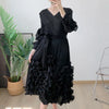 Spring Solid Pleated Dress Ruffle Edge V-Neck Long Sleeved with Belt Dresses Elegant Women's Clothing 6RG72391