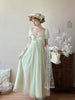 Handmade Regency Empire Waist Lolita Gown Women Green Beaded Lace Formal Dress French Elegant Party Outfit Chic Retro