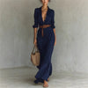 Women's Solid Holiday Party Dress Elegant Lapel Button Draped Long Dress Casual Long Sleeve Match With Belt Shirt Dress