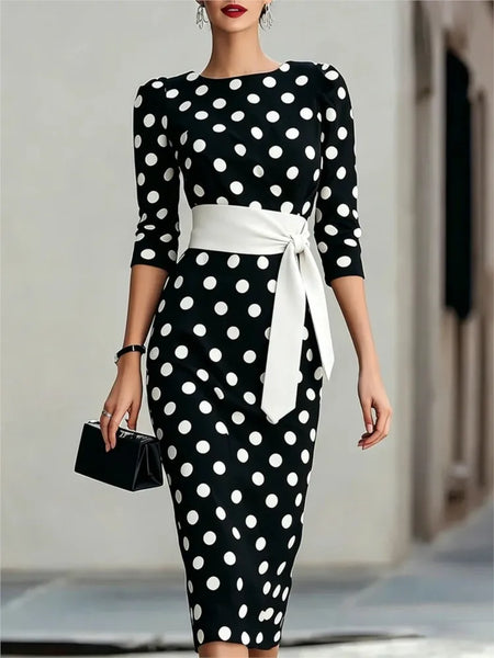 Elegant Women Office Party Midi Dress Polka Dot 3/4 Sleeve Pencil Dresses Spring Round Neck With Belt Slim Dress Robe