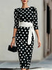 Elegant Women Office Party Midi Dress Polka Dot 3/4 Sleeve Pencil Dresses Spring Round Neck With Belt Slim Dress Robe
