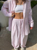 Loose Pink Stripe Trousers Set 2 Piece Woman Elegant Long Sleeve Blouse With High Waist Wide Pants Set Female