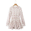 Women White Pink Flower Print Puff Long Sleeve Dress Open Buttons Wood Ears Ruffles Hem Mini Shirt Dresses Holiday Robe