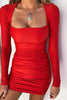 Square Collar Party Clubwear Mini Dresses Women Sexy Low Chest Tight Short Dress Autumn Solid Color Ruched Wrap Hip Dress Lady