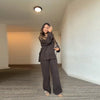 Brown V-Neck Knit Shirt Pants Set Women Solid Long Sleeve Top Empire Straight Loose Trousers Lady Spring Suit