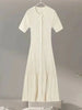 Elegant Knit Dress For Women White Slim O-neck Single Breasted Short Sleeve Long Dresses Female Spring Lady Robe T88X