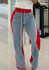 Women Straight Drawstring Waist Wide Leg Pants Jeans Denim Patchwork Sporty Holiday Jogger Sweatpants Trousers