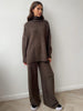 Women's Autumn and Winter Relaxed Leisure Lazy Thick Knit Two-piece Set High Collar Slit Sweater + Long Pants Suit