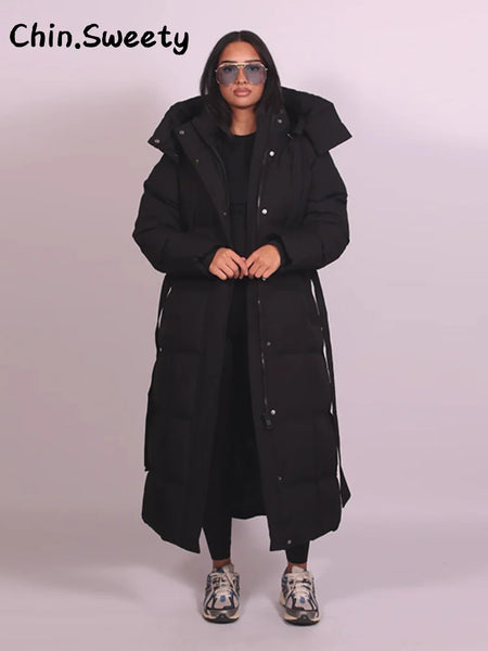 Warm Women's Puffy Quilted Hooded Long Cotton Coat Loose Solid Stand Collar Lace Up Zipper Overcoats Winter Lady Outwear