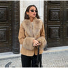 Beige Faux Suede Women Jacket Fur Collar Cuffs Trim Button Front Coat Vintage Western Cowgirl Style Warm Winter Outerwear