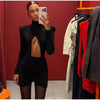Solid Cinched-waist Mini Dress Women Casual V-neck Full Sleeve Shoulder Pads A-line Vestidos Lady Chic Party Street Gowns