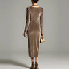 Autumn Winter Velvet Long Sleeved A-line Dress Elegant Temperament High Waisted Banquet Dress Women's Square Neck Draped Dress