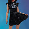 Women Metallic Shiny Dress Holographic Solid Color Turtleneck Pleated Dress Carnival Costume Gold Silver Rave Dress Outfits
