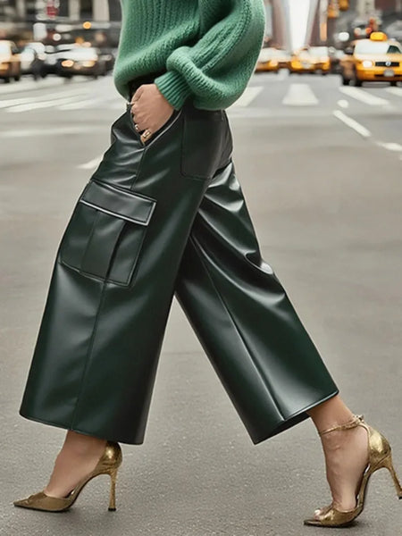 Women's PU Leather Pockets High Waisted Straight Leg Pants High Street Solid Color Casual Trousers Bottoms